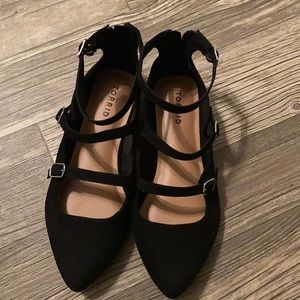 Black Faux Suede Triple Strap Pointed Toe Flat